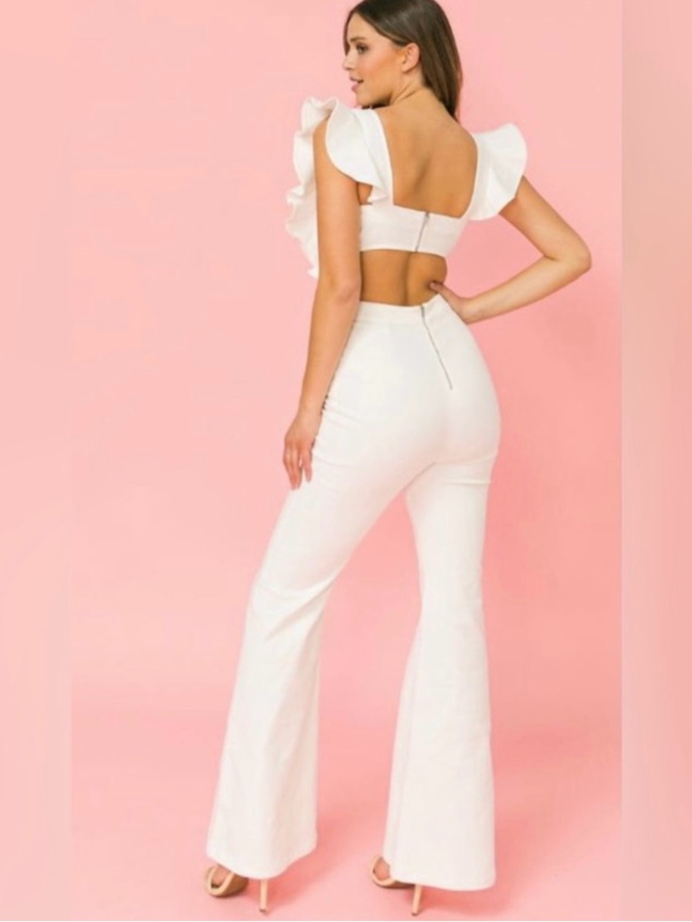 Flying Tomato White High-Waist Flared Jumpsuit Medium